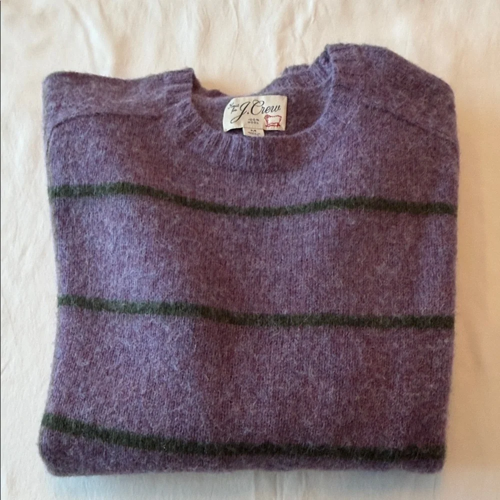 J. Crew Lavender and Olive Striped Crewneck Sweater